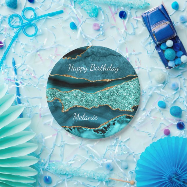 Aquamarin Blue Gold Individuelle Name Birthday Pap Pappteller (Party)