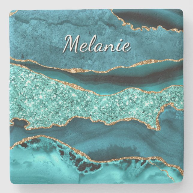 Aquamarin Blue Gold Marble Individuelle Name Stone Steinuntersetzer (Vorderseite)