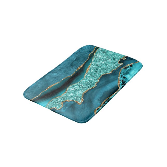 Aquamarin Blue Gold Marmor Aqua Türkis Badematte (Schrägansicht)