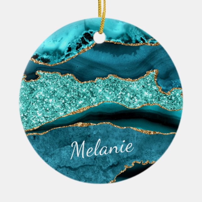 Aquamarin Blue Gold Marmor Aqua Türkis Individuell Keramik Ornament (Vorne)