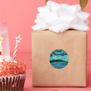 Aquamarin-Blue-Gold-Marmor-Individuelle Name-Gesch Runder Aufkleber