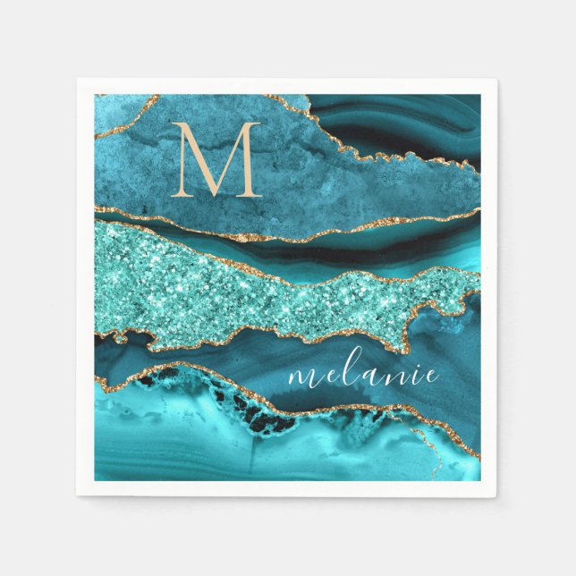 Aquamarin Blue Gold Marmor kundenspezifischer Lett Serviette (Vorderseite)
