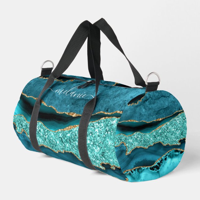 Aquamarin Blue Gold Marmor Türkis Custom Ihr Name Duffle Bag (Linke Seite)