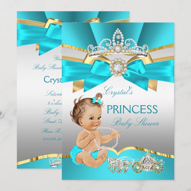 Aquamarin Blue Gold Princess Baby Dusche Brünett Einladung (Vorne/Hinten)
