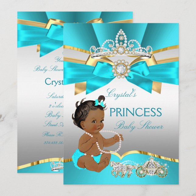 Aquamarin Blue Gold Princess Baby Shower Ethnic Einladung (Vorne/Hinten)