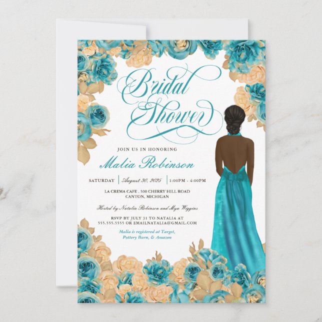 Aquamarin Blue & Gold Rose Elegantes Gown Brautpar Einladung (Vorderseite)