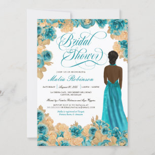 Aquamarin Blue & Gold Rose Elegantes Gown Brautpar Einladung