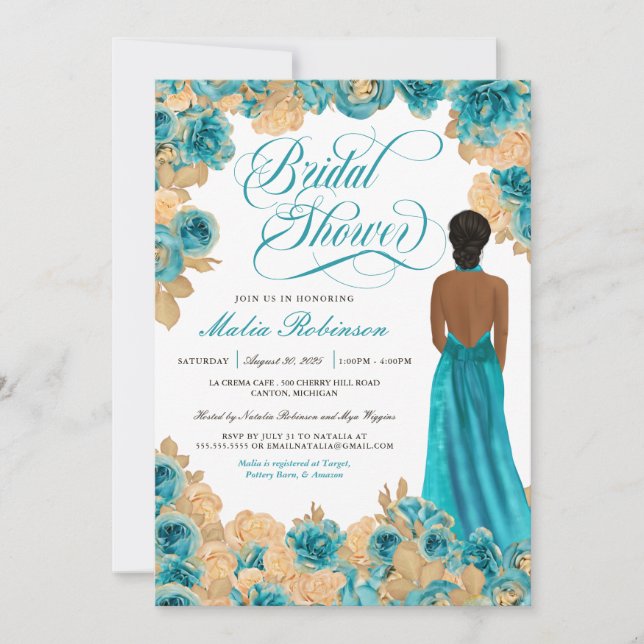 Aquamarin Blue & Gold Rose Elegantes Gown Brautpar Einladung (Vorderseite)