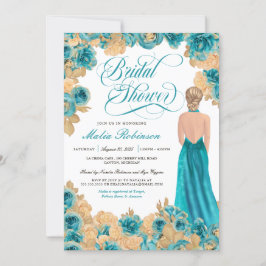 Aquamarin Blue & Gold Rose Elegantes Gown Brautpar Einladung