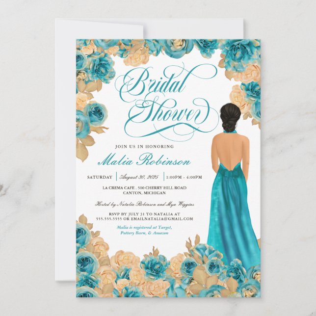 Aquamarin Blue & Gold Rose Elegantes Gown Brautpar Einladung (Vorderseite)