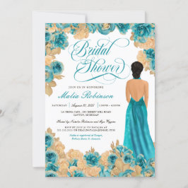 Aquamarin Blue & Gold Rose Elegantes Gown Brautpar Einladung