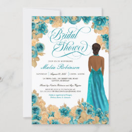 Aquamarin Blue & Gold Rose Elegantes Gown Brautpar Einladung