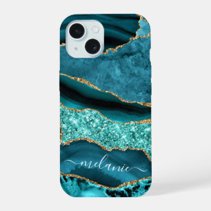 Aquamarin Blue Gold Turquoise Ihr Name iPhone Fall iPhone 15 Hülle