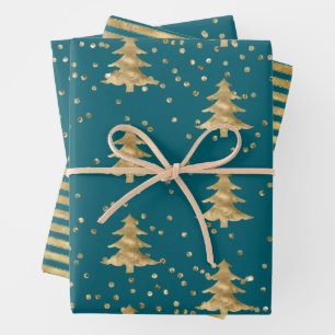 Aquamarin Blue Gold Weihnachtsbaum Streifen Sparkl Geschenkpapier Set