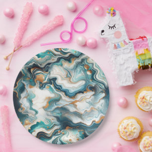 Aquamarin Blue Gold White Modern Marble Agate Wedd Pappteller
