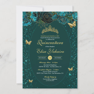 Aquamarin Blue Green Gold Luxus Butterfly Quincean Einladung