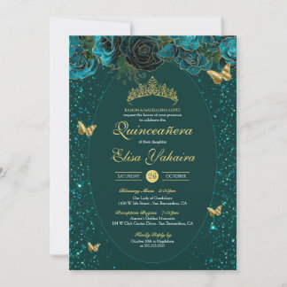 Aquamarin Blue Green Gold Luxus Butterfly Quincean Einladung