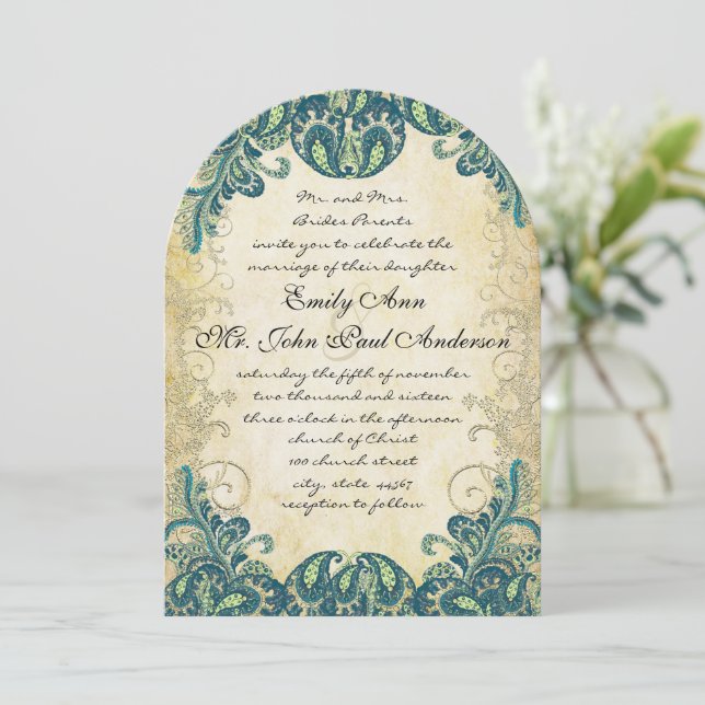 Aquamarin Blue Green Golden Limon Peacock Wedding Einladung (Stehend Vorderseite)