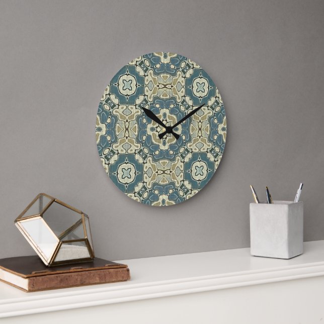 Aquamarin Blue Green Gray Ochre Angesagter Bohemis Große Wanduhr (Büro)