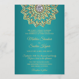 Aquamarin Blue Green Mandala Gold Indische Hochzei Einladung
