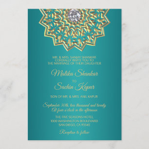 Aquamarin Blue Green Mandala Gold Indische Hochzei Einladung