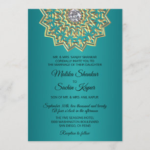 Aquamarin Blue Green Mandala Gold Indische Hochzei Einladung