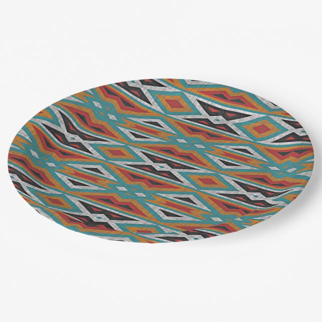 Aquamarin Blue Green Red Terra Cotta Tribal Art Pa Pappteller (Schrägansicht)