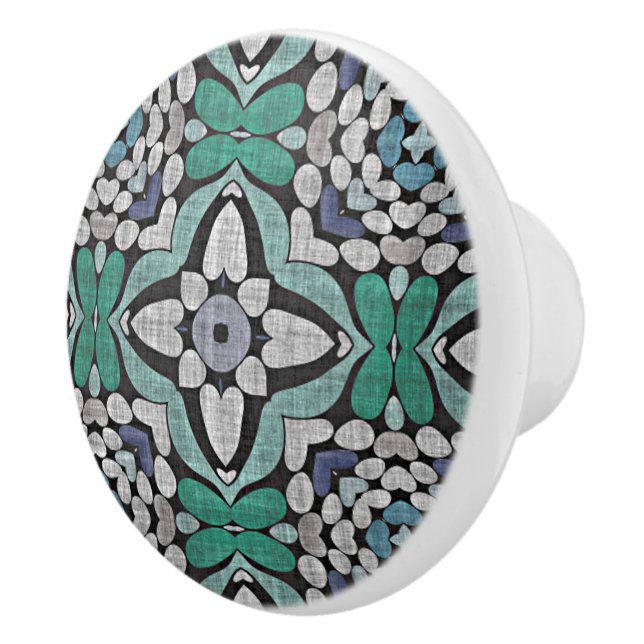 Aquamarin Blue Green Turquoise Floral Ethnic Stamm Keramikknauf (Rechts)