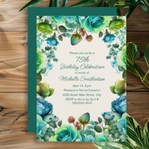 Aquamarin Blue Green Watercolor Floral 75. Geburts Einladung
