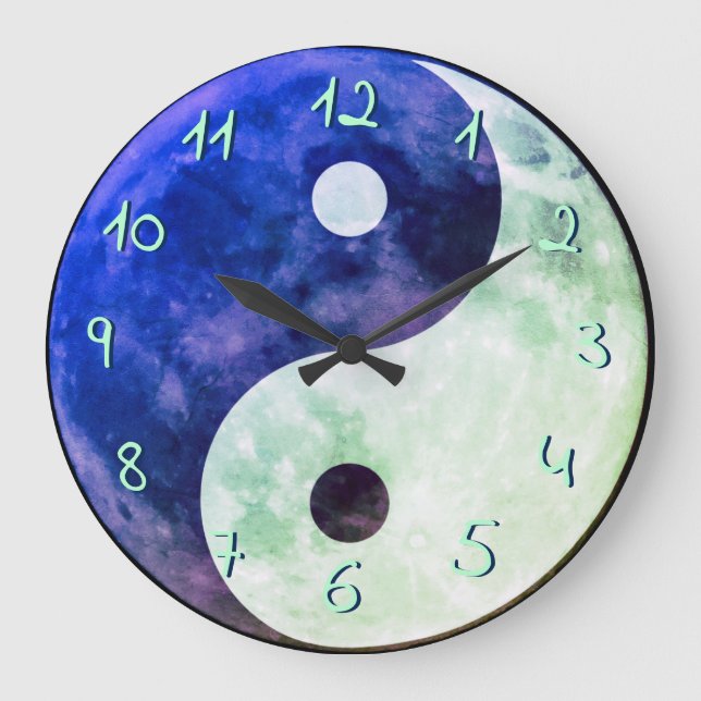 Aquamarin Blue Green Yin Yang Moon European Number Große Wanduhr (Vorderseite)