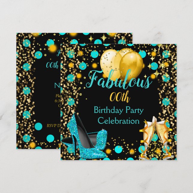 Aquamarin-Blue High Heels Gold Balloons Champagne  Einladung (Vorne/Hinten)