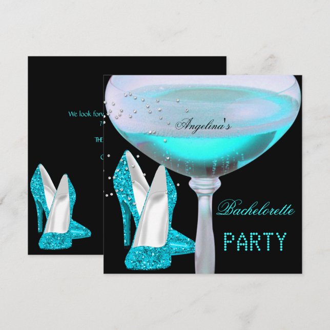 Aquamarin Blue Junggeselinnen-Abschied Champagne S Einladung (Vorne/Hinten)