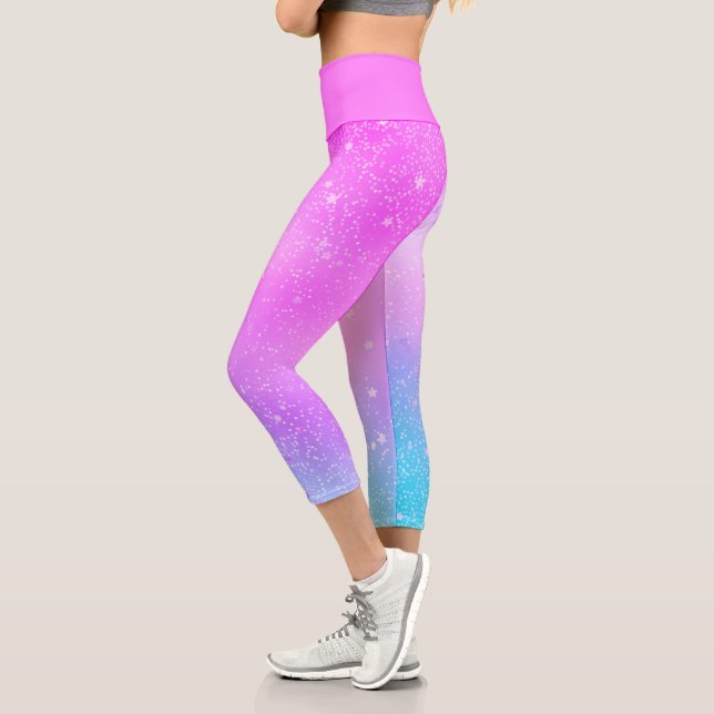 Aquamarin Blue Lila Ombre Holografie Starry Galaxy Capri Leggings (Links)
