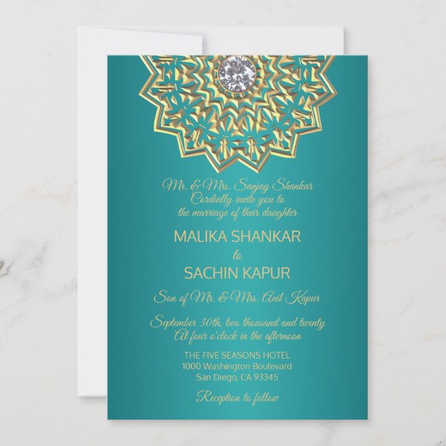 Aquamarin Blue Mandala Gold Indian Wedding Einladu Einladung (Vorderseite)