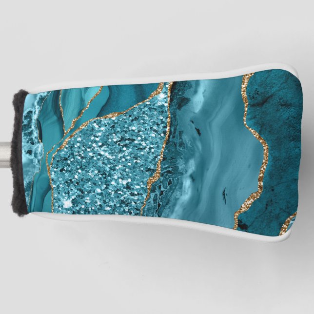 Aquamarin Blue Marble Geode Gold Glitzer Agate Golf Headcover (Vorderseite)