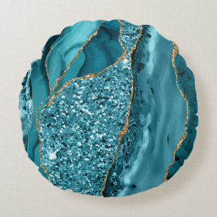 Aquamarin Blue Marble Geode Gold Glitzer Agate Rundes Kissen