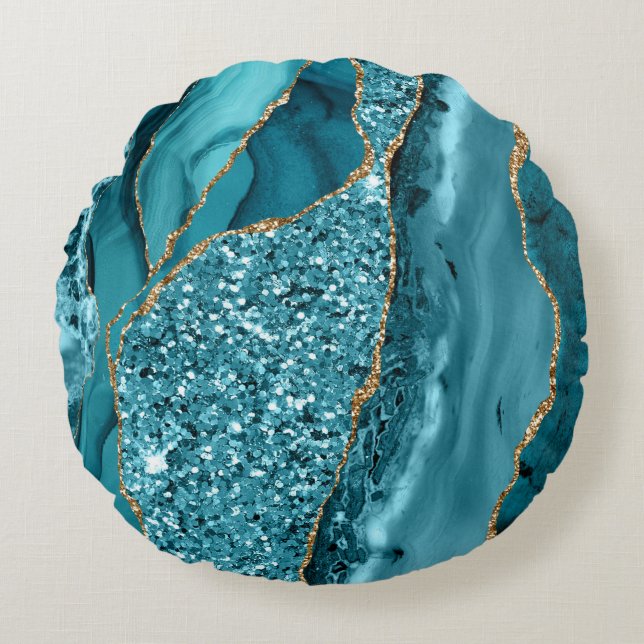 Aquamarin Blue Marble Geode Gold Glitzer Agate Rundes Kissen (Vorderseite)
