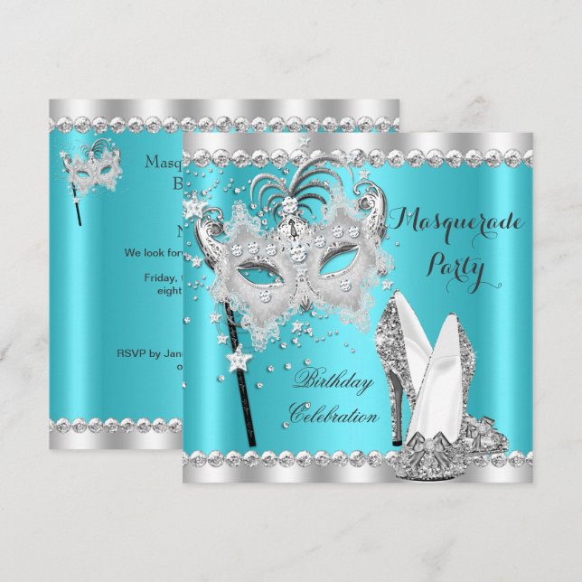 Aquamarin Blue Masquerade Mask Hi Heelses Geburtst Einladung (Vorne/Hinten)