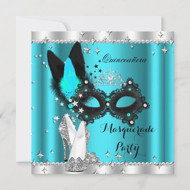 Aquamarin Blue Masquerade Quinceanera Mask Hi Heel Einladung (Vorderseite)