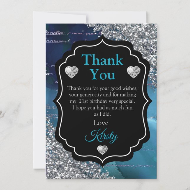 Aquamarin Blue Mermaid Letters Silver Glitzer Viel Dankeskarte (Vorderseite)