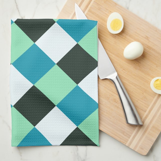 Aquamarin Blue Minze Green Coal White Kariert Geschirrtuch (Viertel Falte)