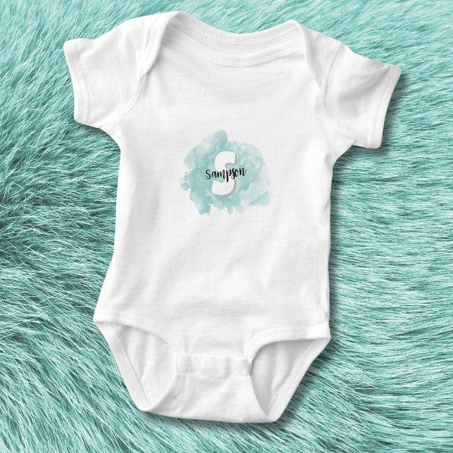 Aquamarin Blue Monogram Baby Boy Strampler (Cute Modern Watercolor Teal Blue Monogram Baby Boy Baby Bodysuit)