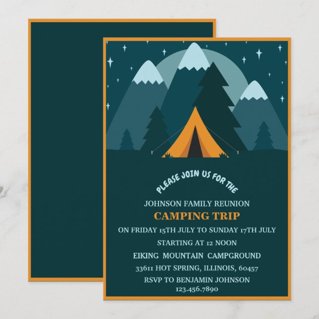 Aquamarin Blue Mountains & Zelt Camping Family Wie Einladung (Vorne/Hinten)