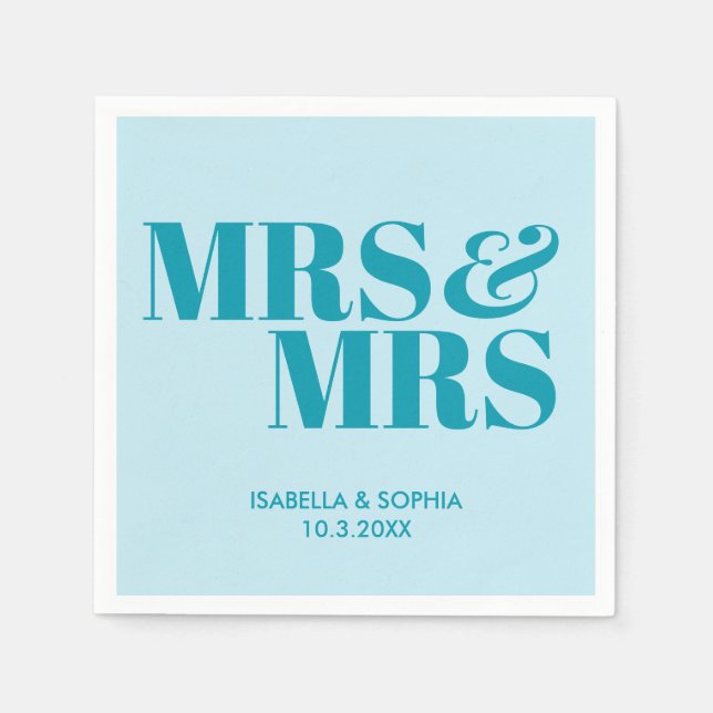 Aquamarin Blue Mrs & Mrs. Personalisiert Wedding N Serviette (Vorderseite)