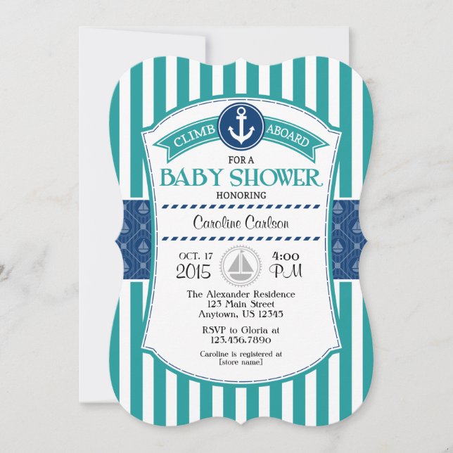 Aquamarin Blue Nautical Baby Shower Einladung (Vorderseite)