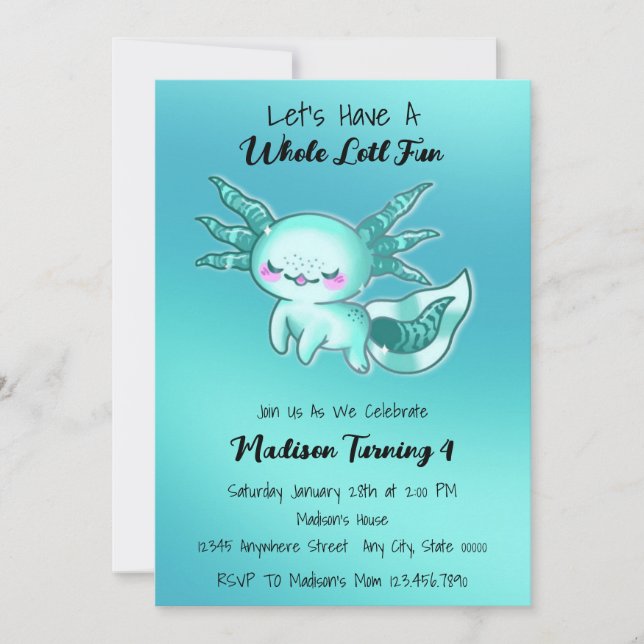 Aquamarin Blue Niedlich Watercolor Axolotl Geburts Einladung (Vorderseite)