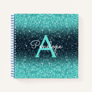Aquamarin Blue Ombre Glitzer und Monogram Sketchbo Notizbuch