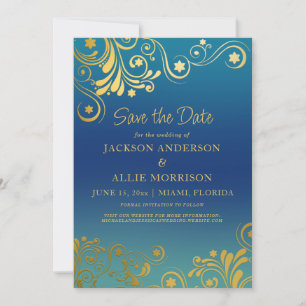 Aquamarin Blue Ombre' Gold Blüh Foto Wedding Save The Date