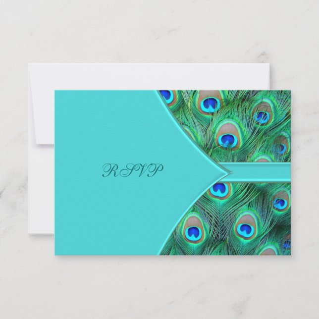 Aquamarin Blue Peacock Wedding RSVP Karte (Vorderseite)