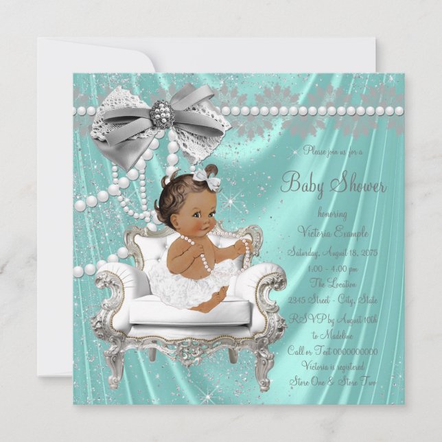 Aquamarin Blue Pearl Chair Ethnic Girl Baby Dusche Einladung (Vorderseite)